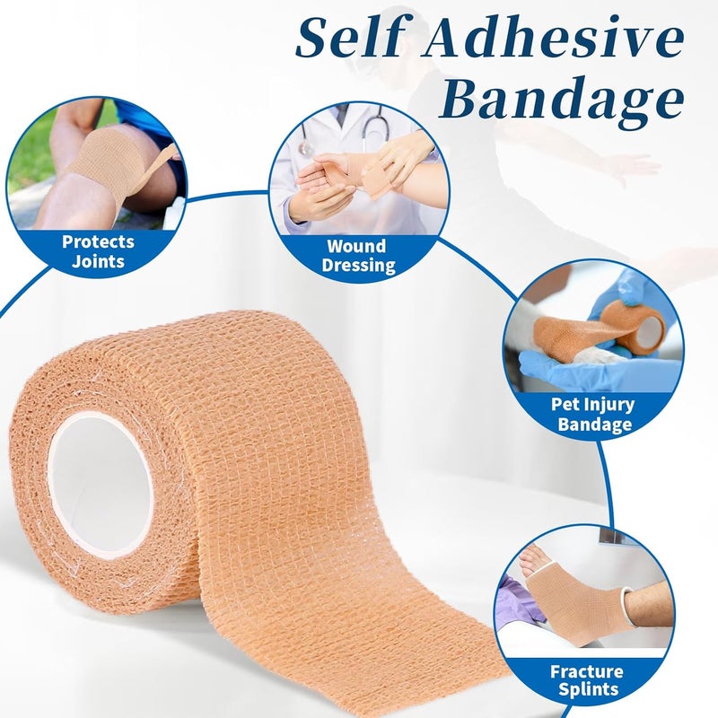 Frontline 24 Pack Self Adhesive Bandage Wrap 2 x 5 Yards Athletic Tape Vet Wrap Tattoo Supplies Wrap Medical Supplies Elastic Cohesive Bandage Wrist Ankle Sports Tape Beige - Image 2