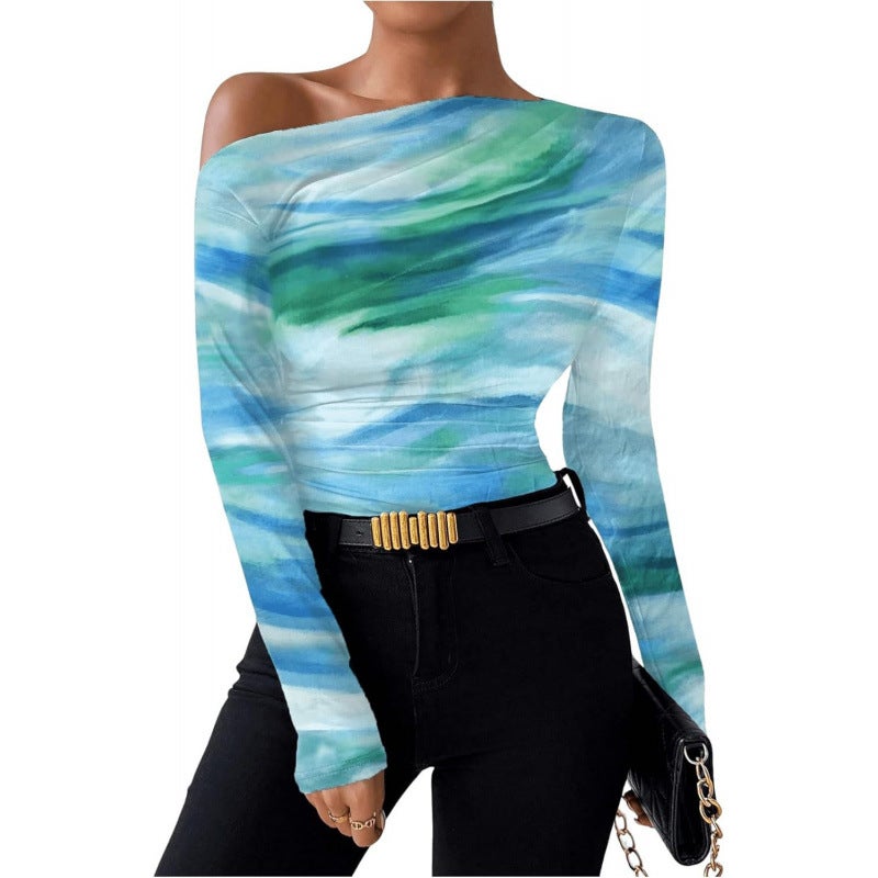 2024 Fashion Tie-Dye Printed Asymmetric Ruffled Long-Sleeved T-Shirt - Image 1