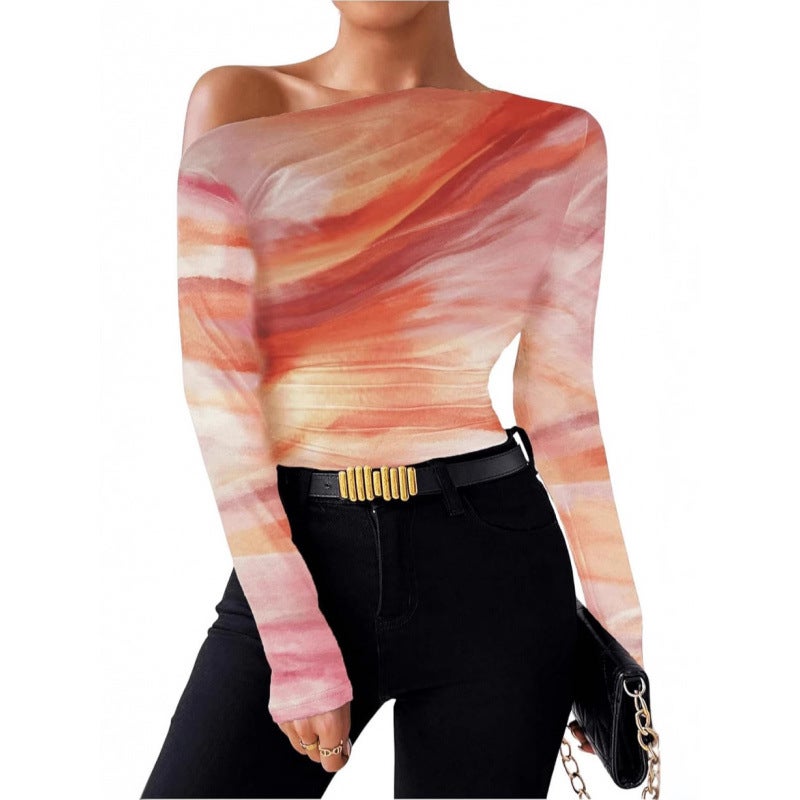 2024 Fashion Tie-Dye Printed Asymmetric Ruffled Long-Sleeved T-Shirt - Image 5