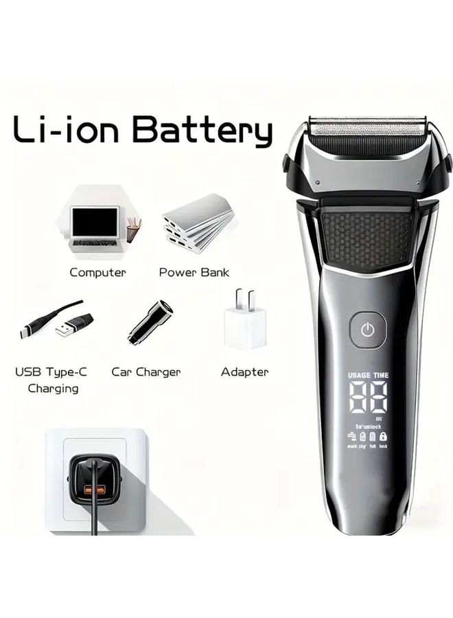 ماكينة حلاقة كهربائية للرجال قابلة لإعادة الشحن عبر USB مع شاشة LED فضية مدمجة ومناسبة للسفر - Image 1