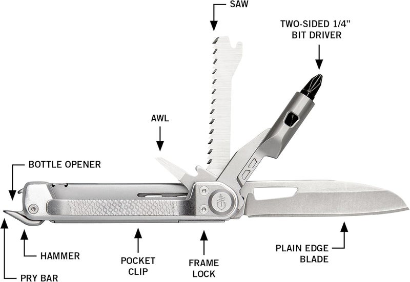 Gerber أداة متعددة الاستخدامات 8 في 1 من جير أرمبار - شفرة حادة بطول 2.5 بوصة، قضيب رافعة، مطرقة - معدات وأدوات EDC - فضي - Image 2