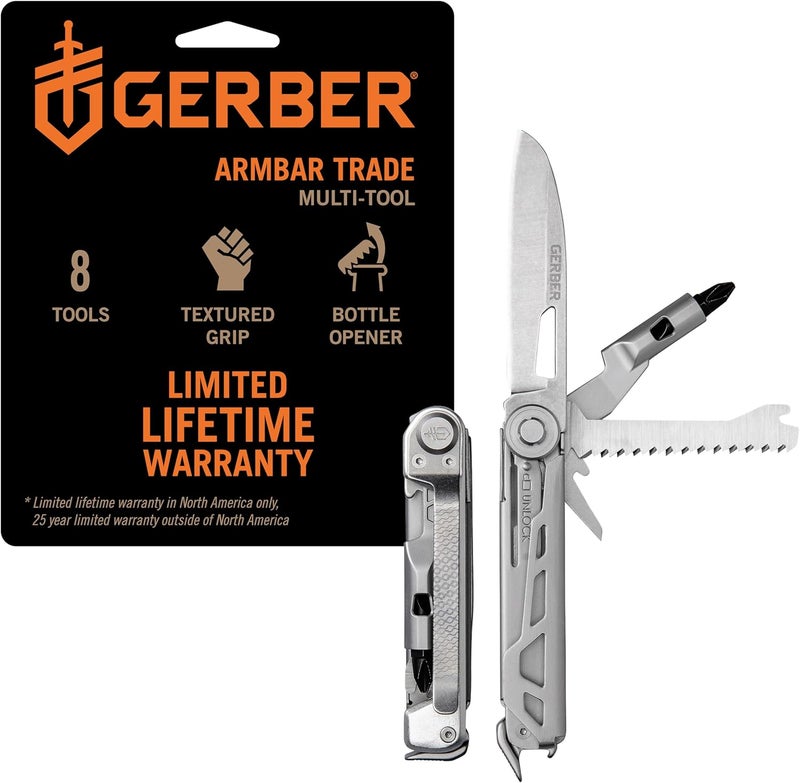 Gerber أداة متعددة الاستخدامات 8 في 1 من جير أرمبار - شفرة حادة بطول 2.5 بوصة، قضيب رافعة، مطرقة - معدات وأدوات EDC - فضي - Image 1
