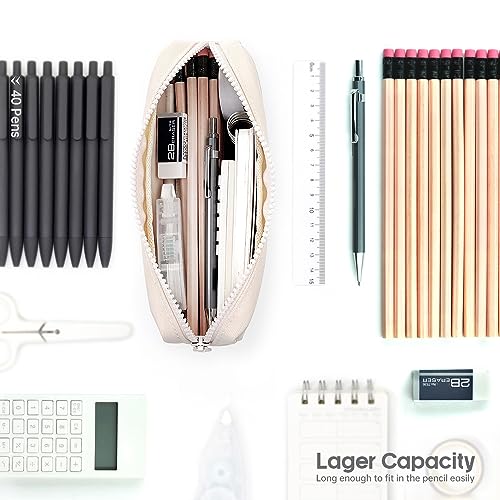 DOBMIT Big Capacity Pencil Case, Pure Color Pen Pouch with Zipper Stationary Storage Bag for Adult Students Officers, Cream White - Image 3