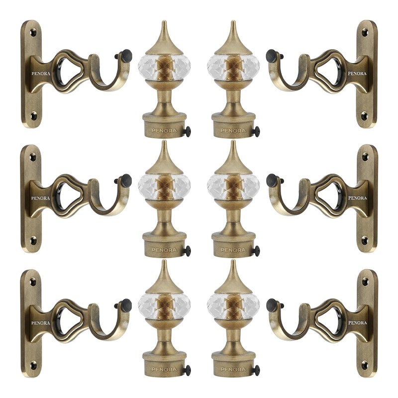 Penora Curtain Brackets Aluminium Curtain Rod Holder with Finials Set for 1 Inch Door and Window Curtain Rod Support Fittings Curtain Rod Holder Curtain Accessories Antique Brass 6 Pair 12 pcs - Image 1