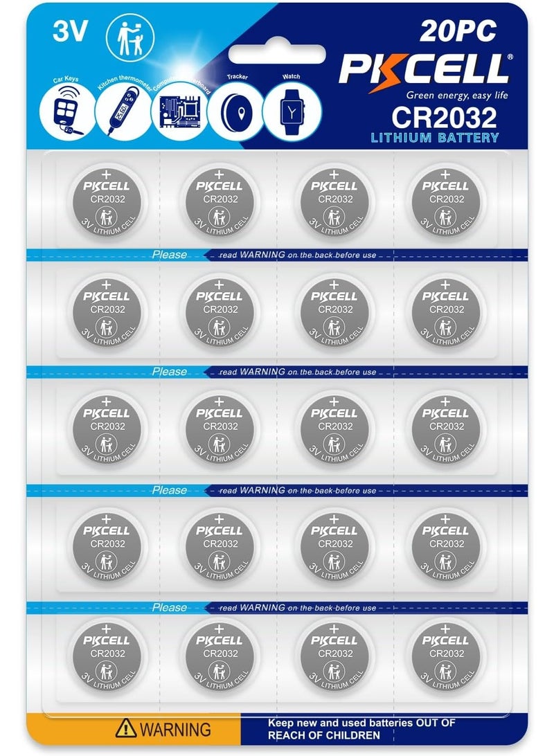 PKCELL CR2032 Batteries 20-Pack Battery CR2032 Lithium 3V Coin Battery | Compatible with Airtag,Key Fob,Tea Light,Scales,Candles - Image 1