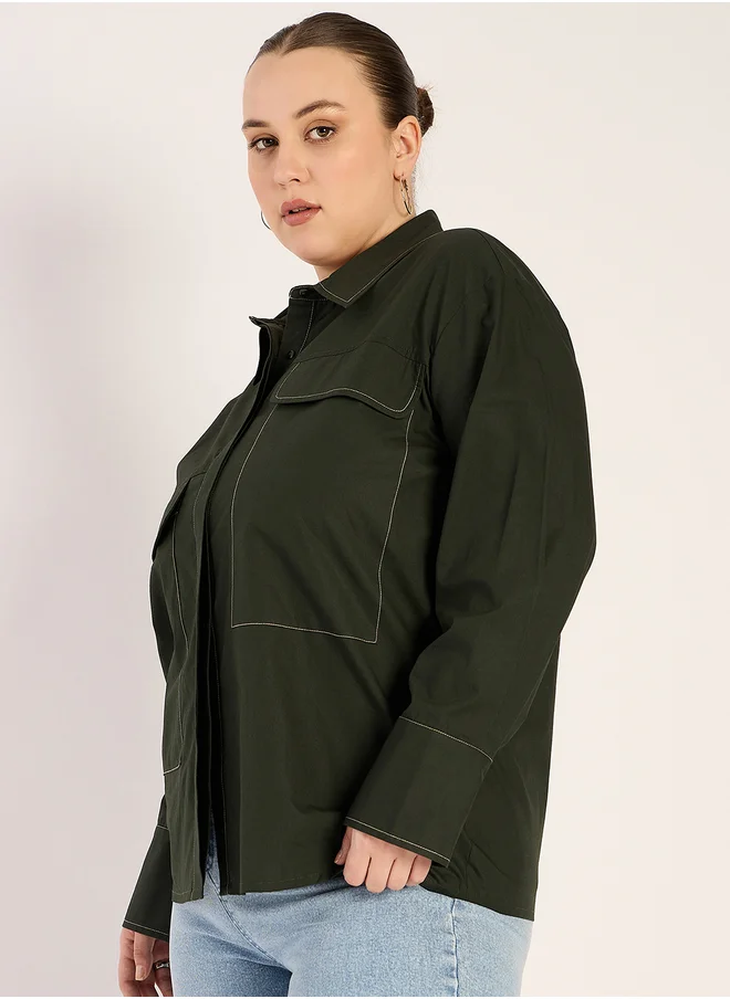 Femmella Plus Size Contrast Stitch Detail Regular Fit Shirt