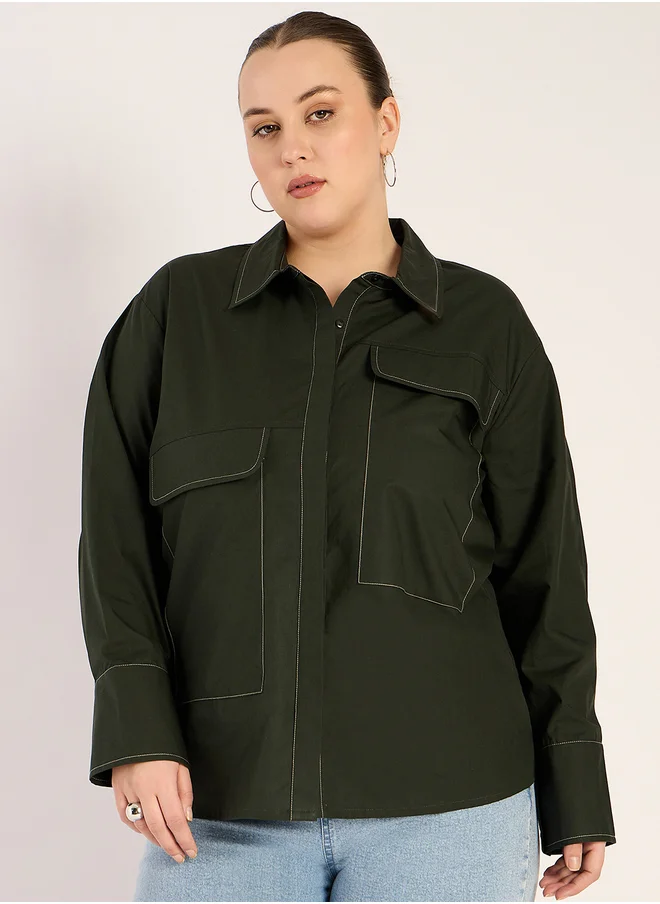 Femmella Plus Size Contrast Stitch Detail Regular Fit Shirt