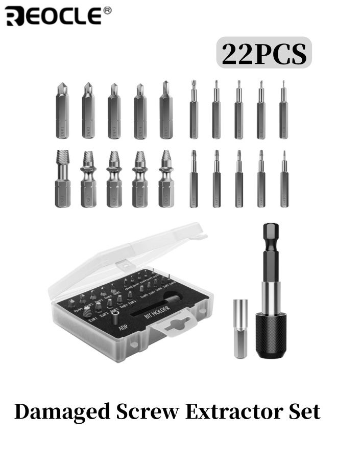 REOCLE 22PCS Damaged Screw Extractor Set Easy Out Stripped Screw Extractor Kit All Purpose HSS Broken Screw Remover with Magnetic Extension Bit Holder and Socket Adapter for DIY Home and Auto Repair - Image 1