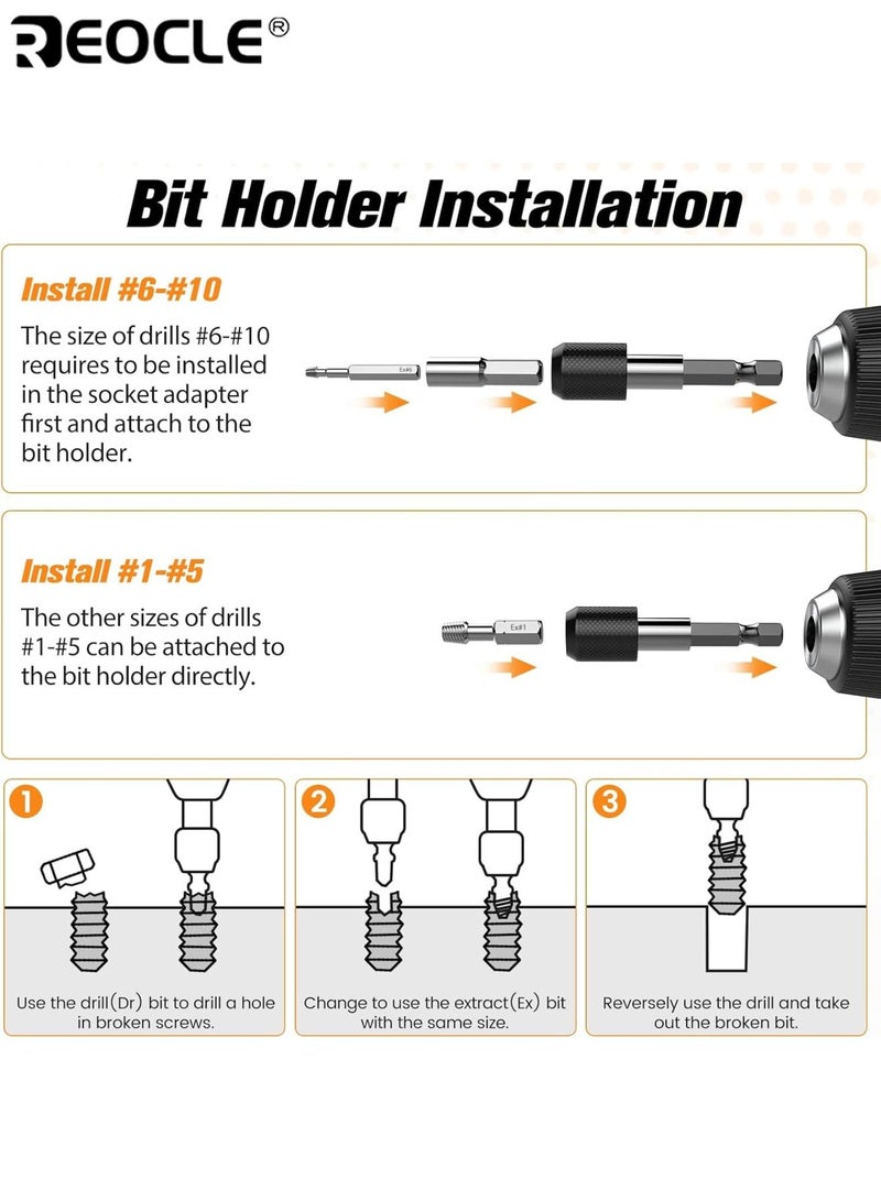 REOCLE 22PCS Damaged Screw Extractor Set Easy Out Stripped Screw Extractor Kit All Purpose HSS Broken Screw Remover with Magnetic Extension Bit Holder and Socket Adapter for DIY Home and Auto Repair - Image 5