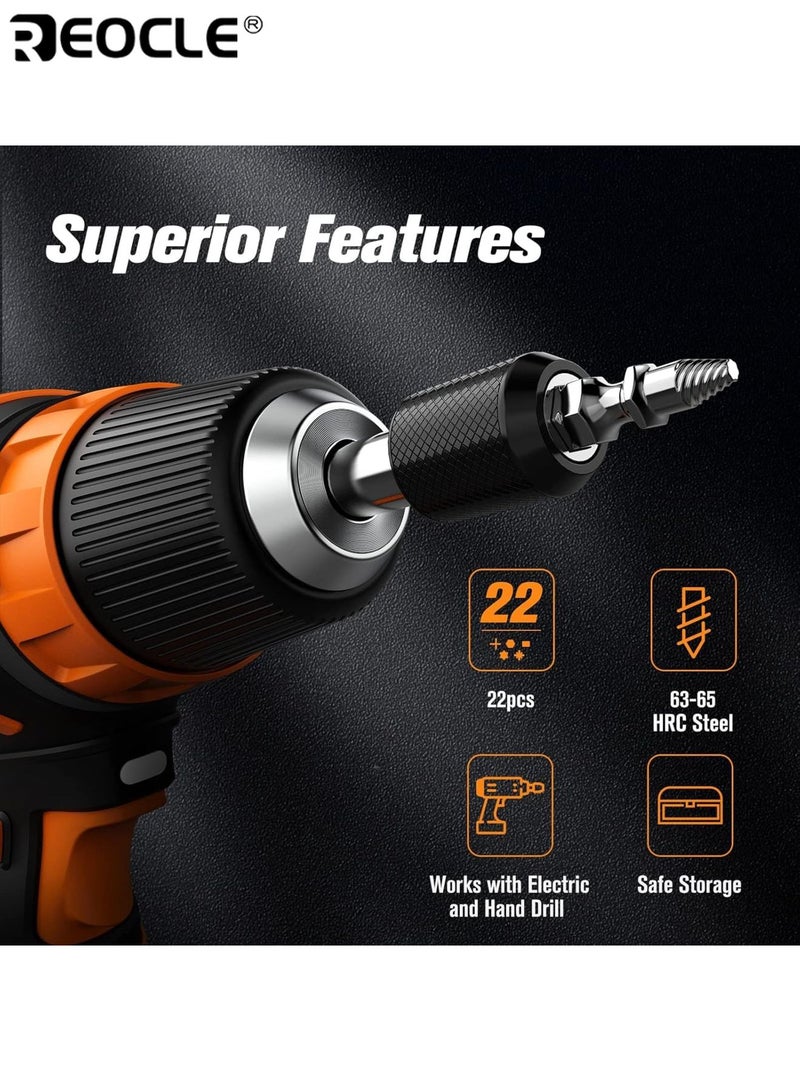 REOCLE 22PCS Damaged Screw Extractor Set Easy Out Stripped Screw Extractor Kit All Purpose HSS Broken Screw Remover with Magnetic Extension Bit Holder and Socket Adapter for DIY Home and Auto Repair - Image 2