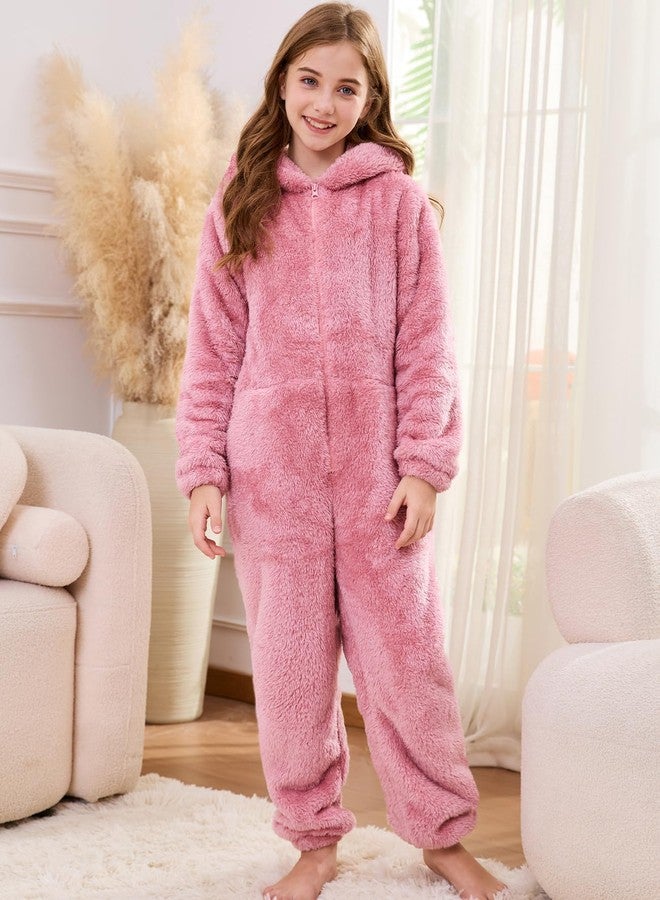 flygo بدلة صوفية للبنات من فلايغو، بدلة بغطاء رأس ناعمة، بدلة أطفال بسحاب، ملابس شتوية دافئة، مقاسات من 5 إلى 14 سنة (وردي - صغير) - Image 2