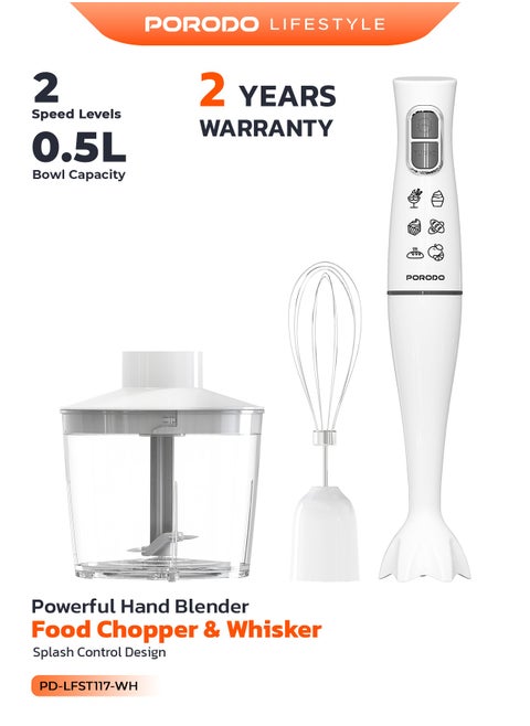 Powerful Hand Blender Food Chopper & Whisker 300W / Energy-Efficient Food Processor / Durable & Compact Mixer / Splash-Proof Whisker - White