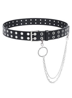 Double Grommet Leather Belt With Detachable Chain For Women Menpunk Black Belt With Double Studded Holes For Jeans