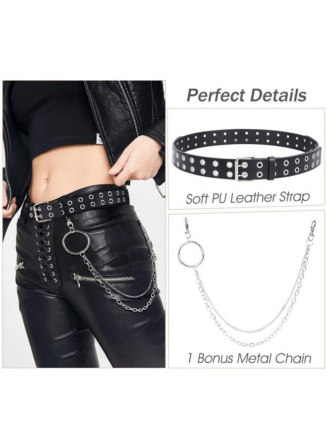 Suosdey - Double Grommet Leather Belt With Detachable Chain For Women Menpunk Black Belt With Double Studded Holes For Jeans - Image 1