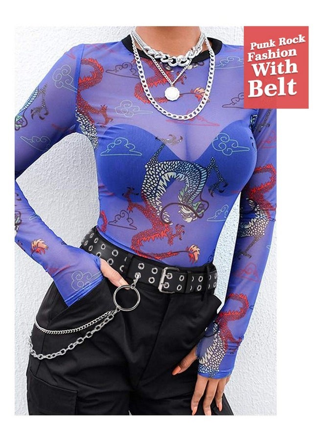 Suosdey - Double Grommet Leather Belt With Detachable Chain For Women Menpunk Black Belt With Double Studded Holes For Jeans - Image 1
