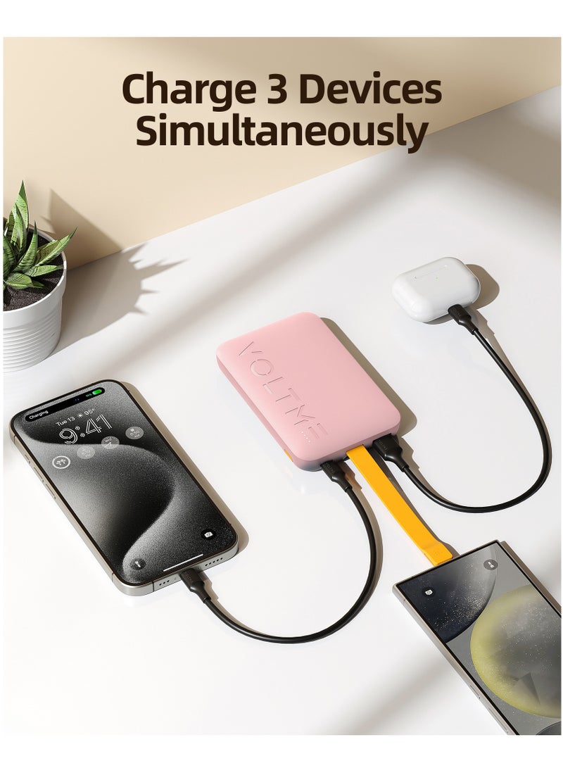 فولتمي بطارية شحن متنقلة بسرعة USB-C سعة ١٠٠٠٠mAh، ٢٢.٥W PD، حزمة بطارية فائقة النحافة مع كابل Type-C مدمج، ٣ منافذ إخراج، متوافقة مع آيفون ١٦/١٥/١٤/١٣/١٢، سامسونج S٢٥/S٢٤/S٢٣/S٢٢، آيباد برو/آير، آيربودز، أجهزة أندرويد، شاحن محمول خفيف الوزن، مناسب للسفر - باللون الوردي - Image 4