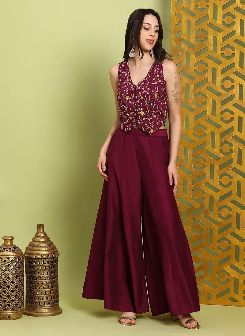 globus Globus Women Wine V-Neck Floral Embroidered Waistcoat With Flared Palazzos Festive Co-Ord Set