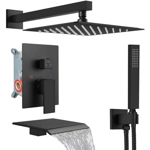 Midanya Shower System with Tub Spout,Bathtub Shower Faucet Set with Square Rainfall Head and Handheld Sprayer Wall Mount Tub Faucet Set with Valve and Trim Kit,10 Inch Matte Black - Image 1