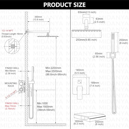 Midanya Shower System with Tub Spout,Bathtub Shower Faucet Set with Square Rainfall Head and Handheld Sprayer Wall Mount Tub Faucet Set with Valve and Trim Kit,10 Inch Matte Black - Image 5