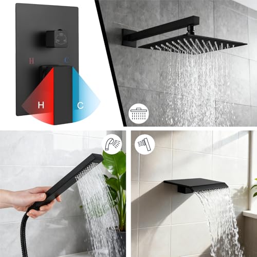 Midanya Shower System with Tub Spout,Bathtub Shower Faucet Set with Square Rainfall Head and Handheld Sprayer Wall Mount Tub Faucet Set with Valve and Trim Kit,10 Inch Matte Black - Image 4