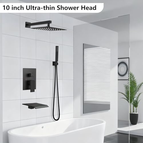 Midanya Shower System with Tub Spout,Bathtub Shower Faucet Set with Square Rainfall Head and Handheld Sprayer Wall Mount Tub Faucet Set with Valve and Trim Kit,10 Inch Matte Black - Image 2