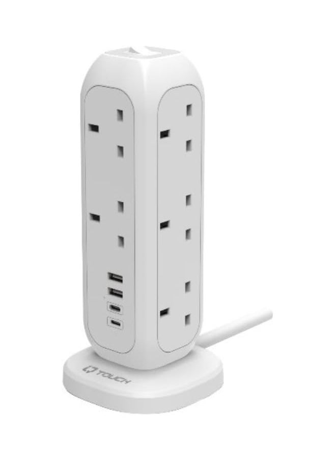 IQ TOUCH IQ TOUCH 15-in-1 Power Strip Tower with 11 AC Outlets, 2 USB-A, & USB-C Ports, Surge Protector Outlet, 20W PD Fast Charging, Power Switch Button, 2M Extension Cord Suitable for Home & Office, White 