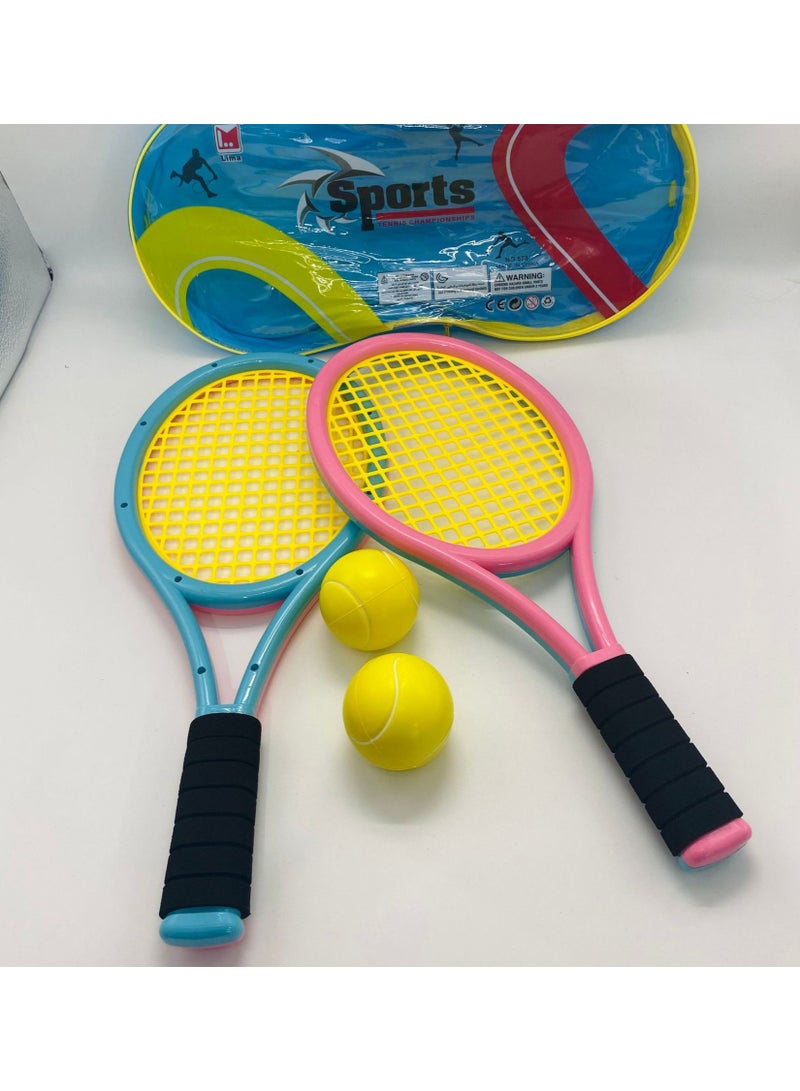 Generic Tennis Racket Set for Children, 1Pair Plastic Racquet with Bag and 2 Tennis Ball for Children, Tennis Racquets Gift Set Outdoor Indoor Sports Tennis Game for Toddler Children Over 2 Year, Blue&Pink  - Image 1