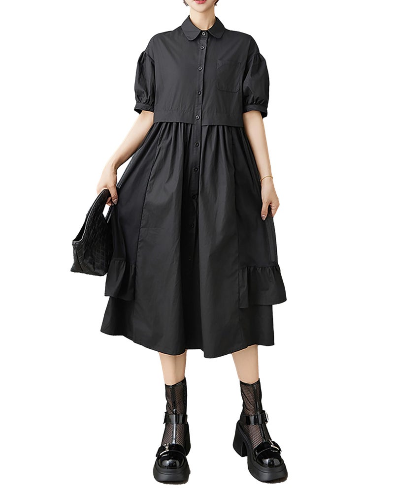ellazhu Women's Dress Lapel Short Sleeve Button Down Flowy Hem Solid Casual Fashion GZ527 Black - Image 1