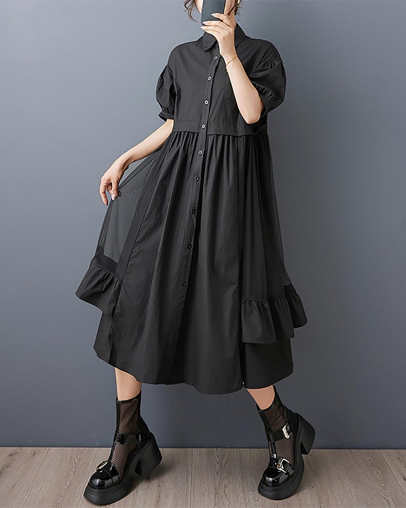 ellazhu Women's Dress Lapel Short Sleeve Button Down Flowy Hem Solid Casual Fashion GZ527 Black - Image 3