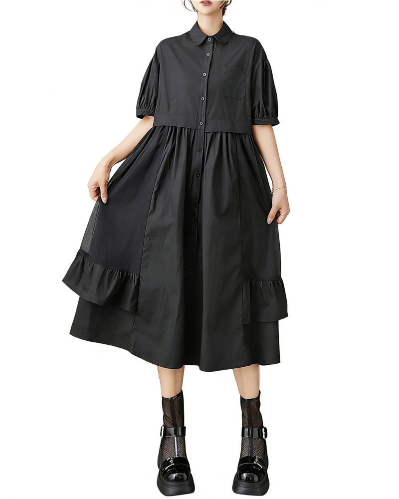 ellazhu Women's Dress Lapel Short Sleeve Button Down Flowy Hem Solid Casual Fashion GZ527 Black - Image 4