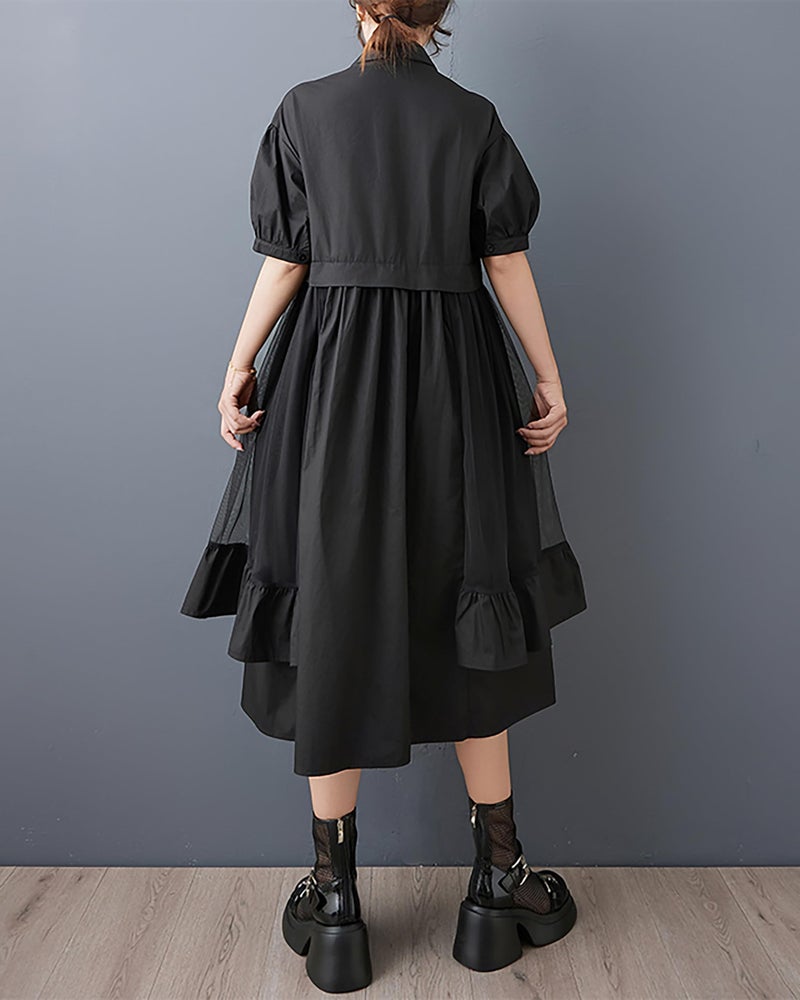 ellazhu Women's Dress Lapel Short Sleeve Button Down Flowy Hem Solid Casual Fashion GZ527 Black - Image 2