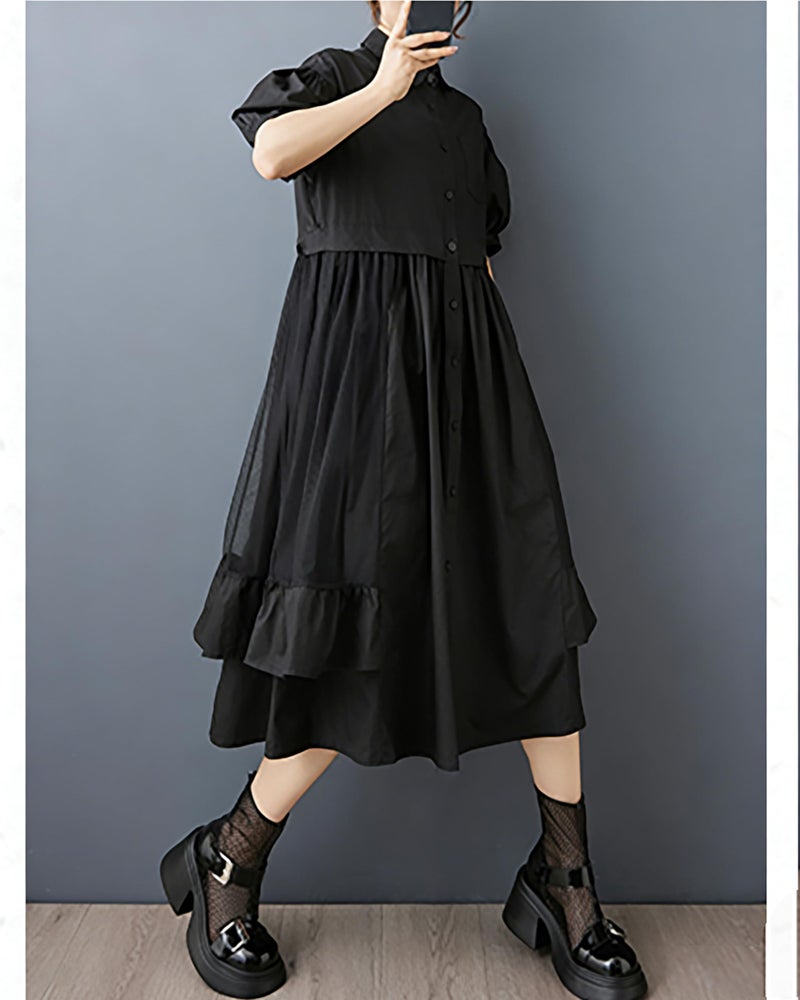 ellazhu Women's Dress Lapel Short Sleeve Button Down Flowy Hem Solid Casual Fashion GZ527 Black - Image 5