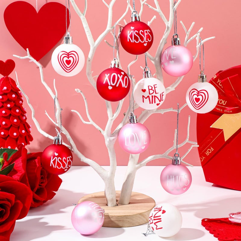 JULMELON 24 Pcs Valentine's Day Ball Ornaments, Red Pink White Heart Decorations with Letters, Plastic Hanging Orbs for Tree Party Supplies Valentine's Day Party Decor - Image 3