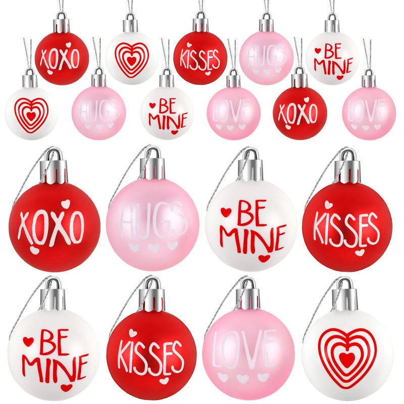 JULMELON 24 Pcs Valentine's Day Ball Ornaments, Red Pink White Heart Decorations with Letters, Plastic Hanging Orbs for Tree Party Supplies Valentine's Day Party Decor - Image 1