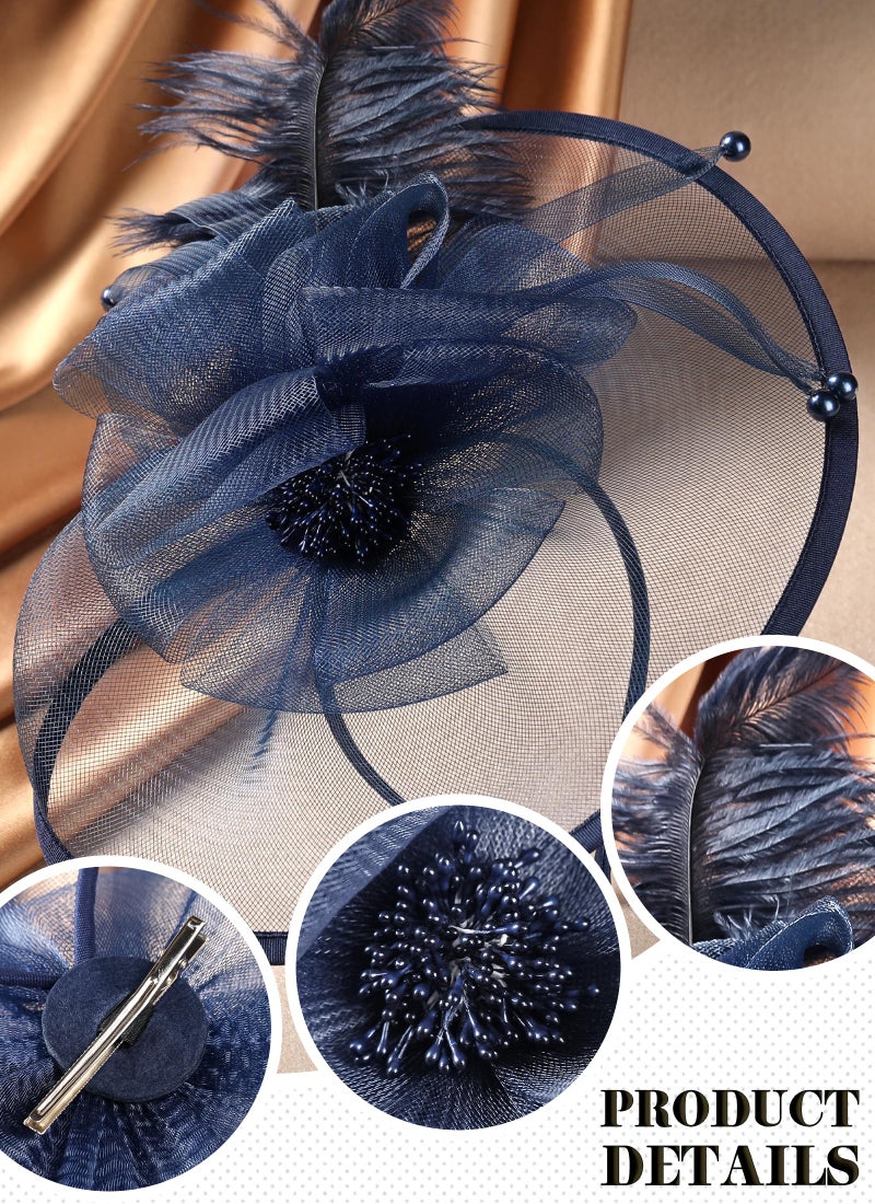 Zinniday Feather Cocktail Fascinator Hats - Navy Blue Victoria 2026 Derby Fascinators Attire Kentucky Hat with Hairpin,1920s 50s Tea Party Hats for Woman Halloween Renaissance Dress Up, 11.81 â€œx9.84â€ - Image 3