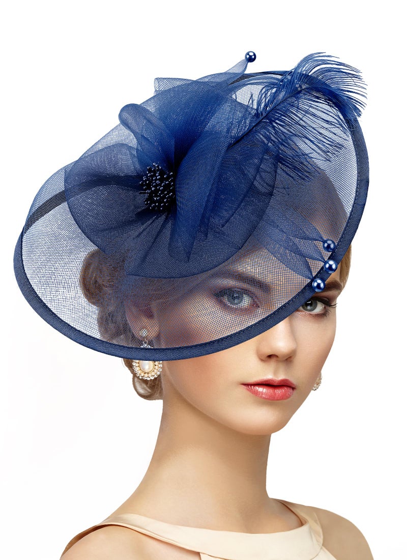 Zinniday Feather Cocktail Fascinator Hats - Navy Blue Victoria 2026 Derby Fascinators Attire Kentucky Hat with Hairpin,1920s 50s Tea Party Hats for Woman Halloween Renaissance Dress Up, 11.81 â€œx9.84â€ - Image 1