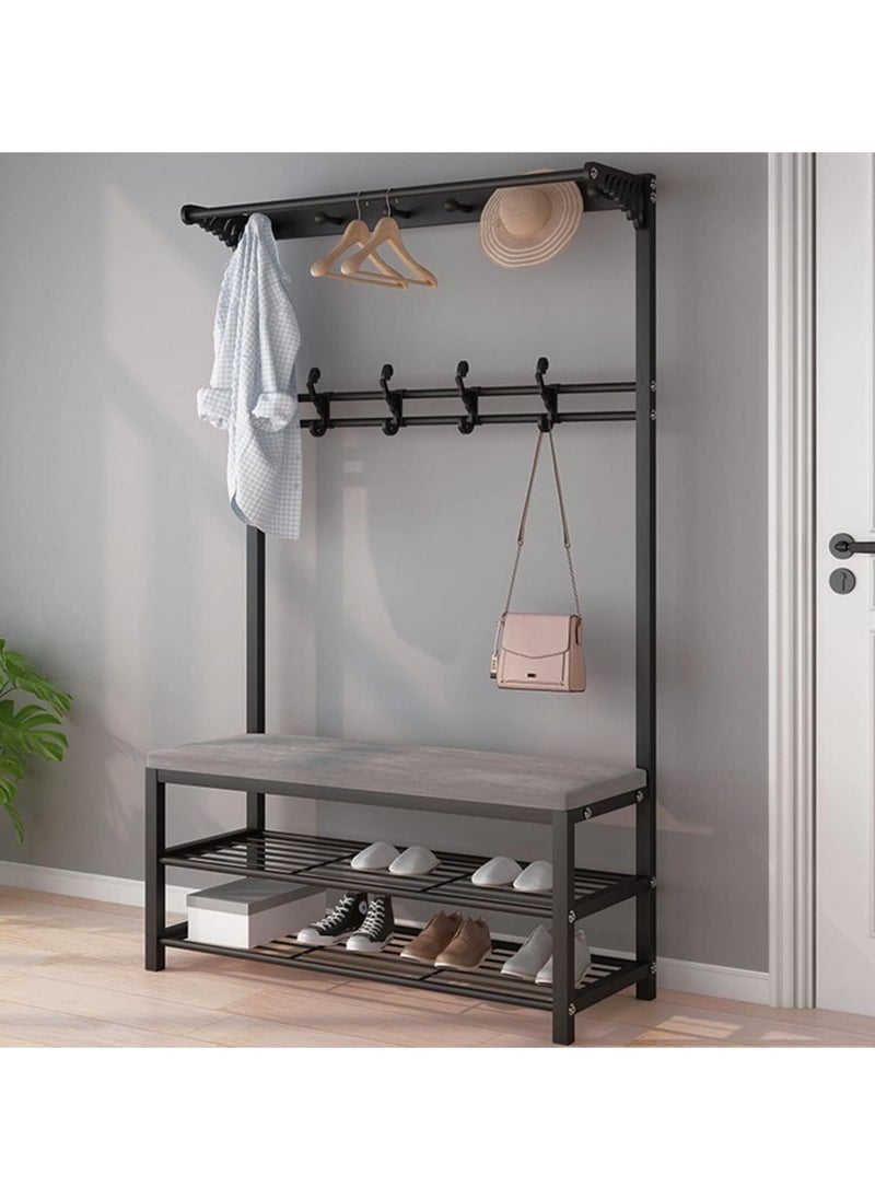 Gonice - Gonice Hall Tree with Shoe Bench, Entryway Coat Rack with 9 Hooks Multifunctional Metal Garment Rail for Hallway, Metal Frame, 3-in-1 Design (Color : Black, Size : 80x33x170cm) - Image 1