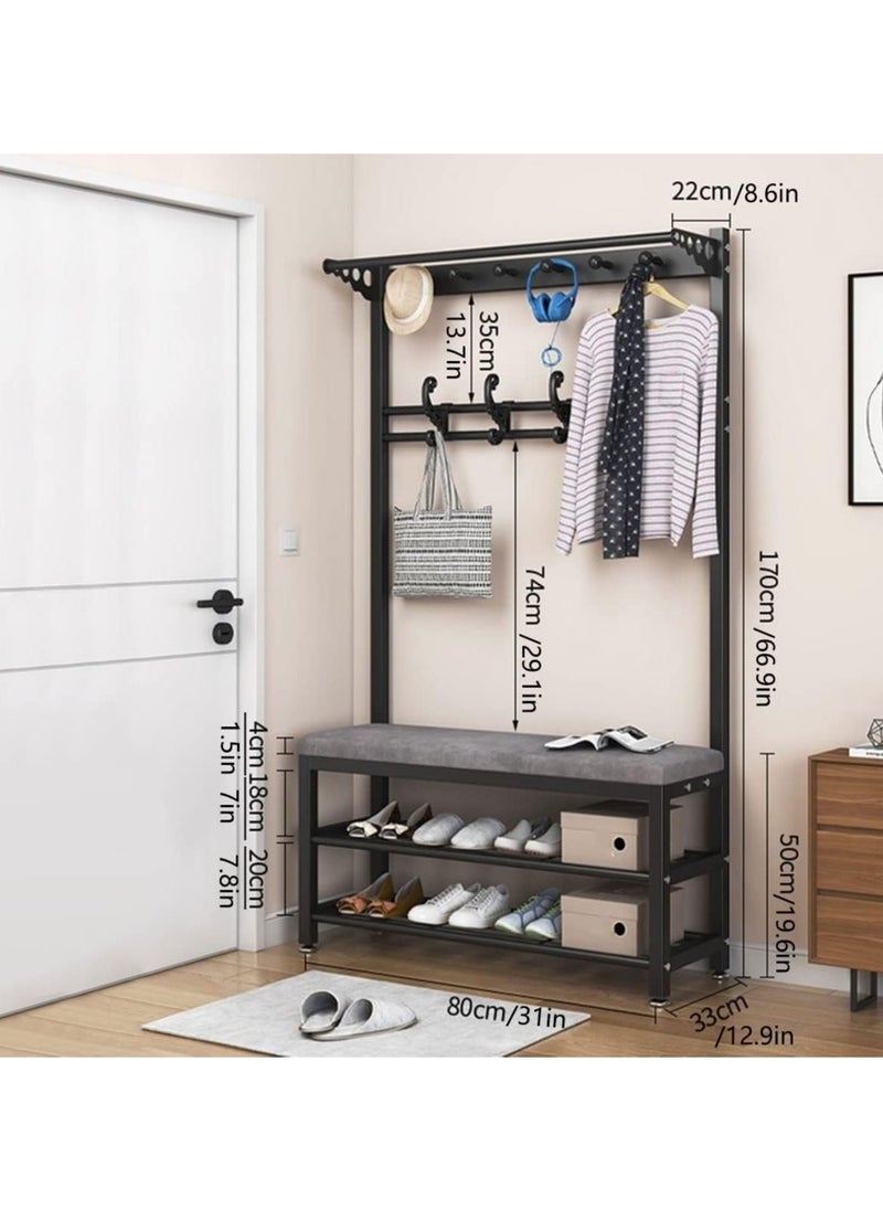Gonice - Gonice Hall Tree with Shoe Bench, Entryway Coat Rack with 9 Hooks Multifunctional Metal Garment Rail for Hallway, Metal Frame, 3-in-1 Design (Color : Black, Size : 80x33x170cm) - Image 1