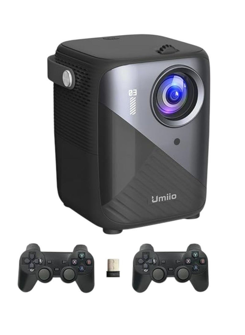 أوميو جهاز عرض ألعاب Q3 Pro WiFi Bluetooth، مشغل فيديو منزلي بدقة 4K مع وحدة تحكم ألعاب لاسلكية مزدوجة، جهاز عرض Keystone الذكي متوافق مع Android وiOS والكمبيوتر الشخصي، شاشة 50-150 بوصة - أسود - Image 1