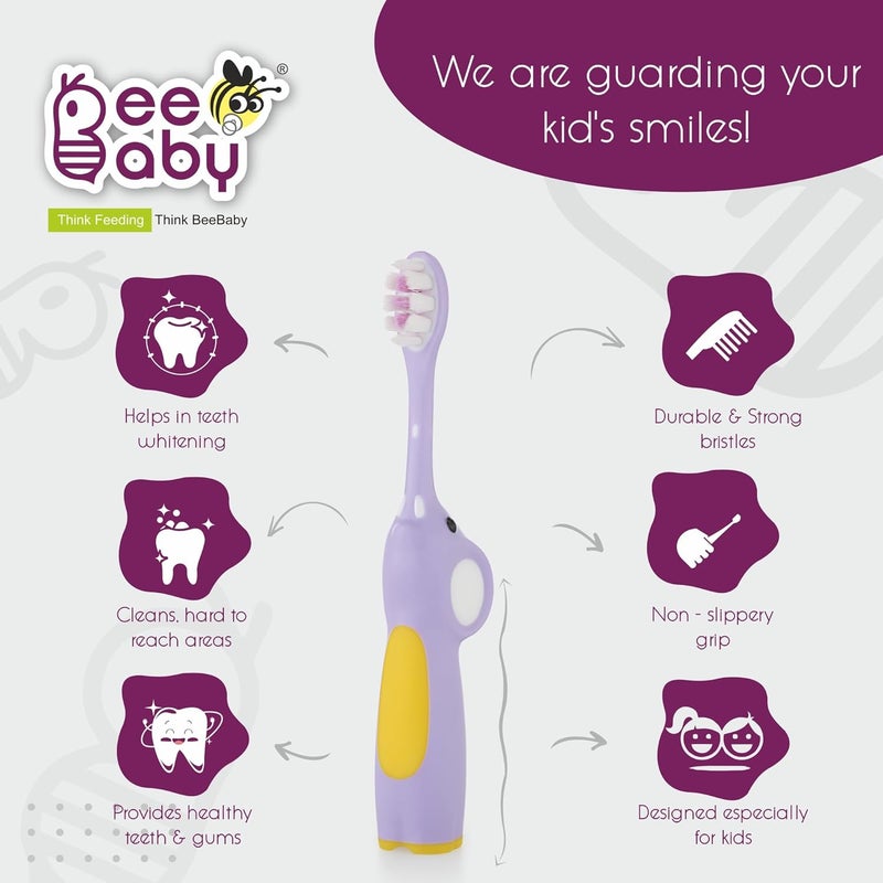 Beebaby Elephant Brush Buddy Toothbrush for Kids 3-6 Years, Soft Handle for Easy Grip, 10 x Softer Tapered Bristles Ideal for Milk and Permanent Teeth, 100% BPA Free. Violet - Image 3