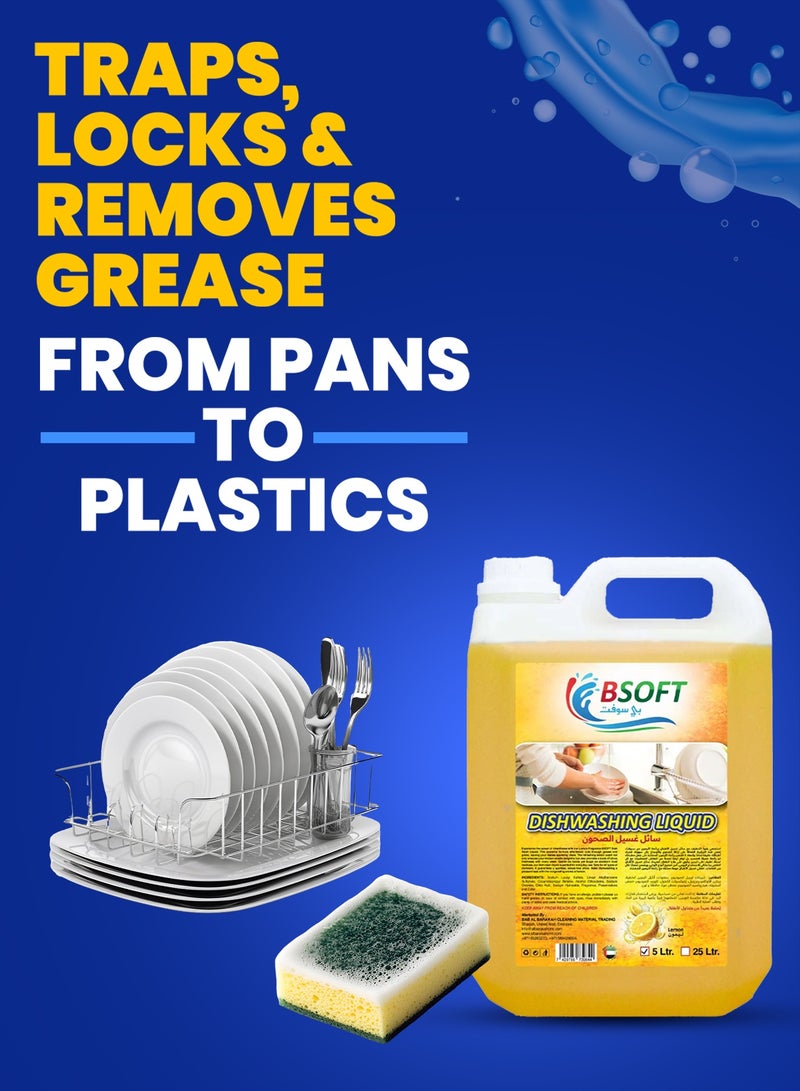 BSOFT Dishwashing Liquid Lemon Fresh – 5L | Tough on Grease, Gentle on Hands | Sparkling Clean Dishes Refill with Refreshing Lemon Fragrance - Image 2