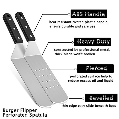 HaSteeL Metal Griddle Spatula, Stainless Steel Long With Riveted Handle, Heavy Duty Perforated & Solid Burger Turner for Teppanyaki BBQ Flat Top Grilling Cooking, Dishwasher Safe - Image 2