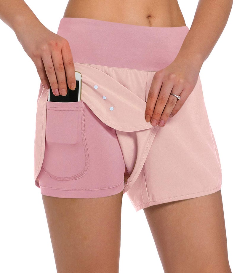Ksmien Women's 2 in 1 Running Shorts - Lightweight Athletic Workout Gym Yoga Shorts Liner with Phone Pockets Pink - Image 1
