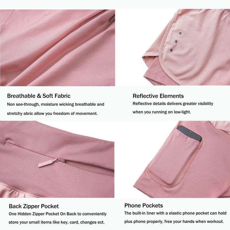 Ksmien Women's 2 in 1 Running Shorts - Lightweight Athletic Workout Gym Yoga Shorts Liner with Phone Pockets Pink - Image 3