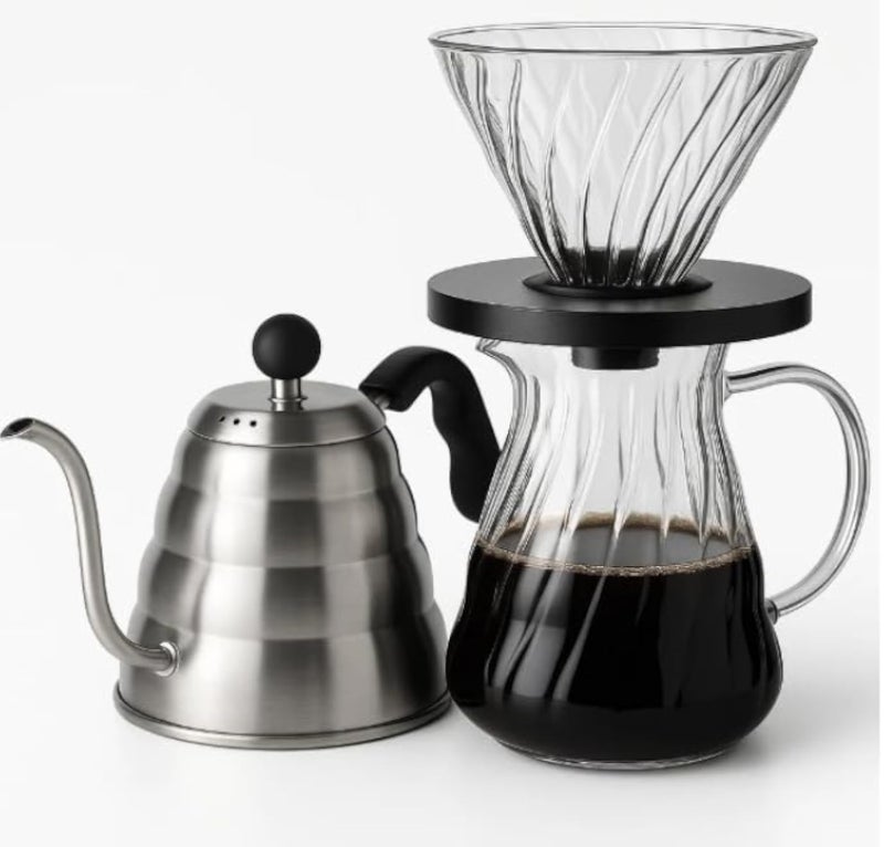 Premium Pour Over Coffee Maker Set with Glass Carafe and Stainless Steel Gooseneck Kettle, Hand Drip Coffee Brewing Kit for Manual Coffee Making