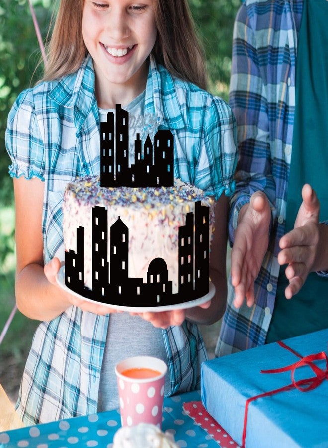 Lemicin 6 Pieces City Cake Border Decoration Cake Side Border Stick or Lay on Toppers Birthday Decor Accessories Building Images Lighted City Backdrop for Desserts Birthday Party Black Double Side - Image 3