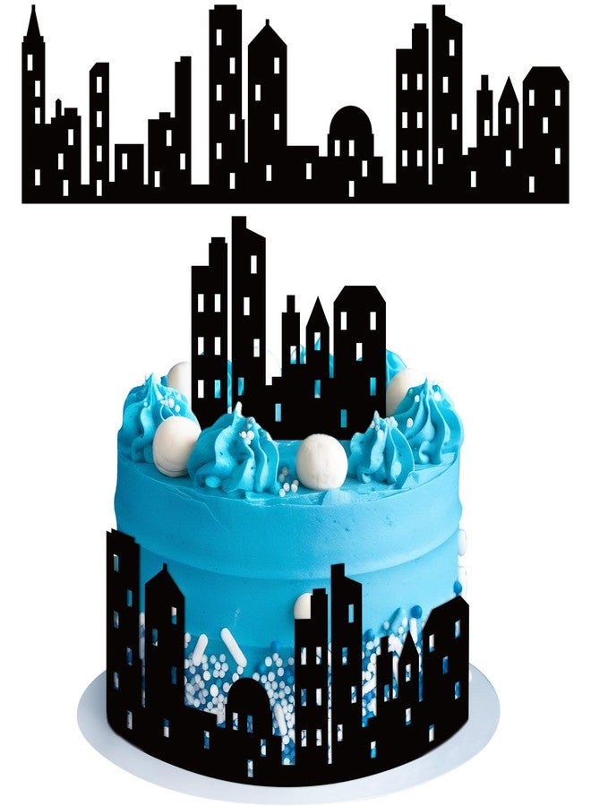 Lemicin 6 Pieces City Cake Border Decoration Cake Side Border Stick or Lay on Toppers Birthday Decor Accessories Building Images Lighted City Backdrop for Desserts Birthday Party Black Double Side - Image 1