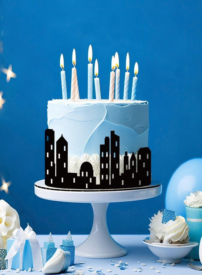 Lemicin 6 Pieces City Cake Border Decoration Cake Side Border Stick or Lay on Toppers Birthday Decor Accessories Building Images Lighted City Backdrop for Desserts Birthday Party Black Double Side - Image 2