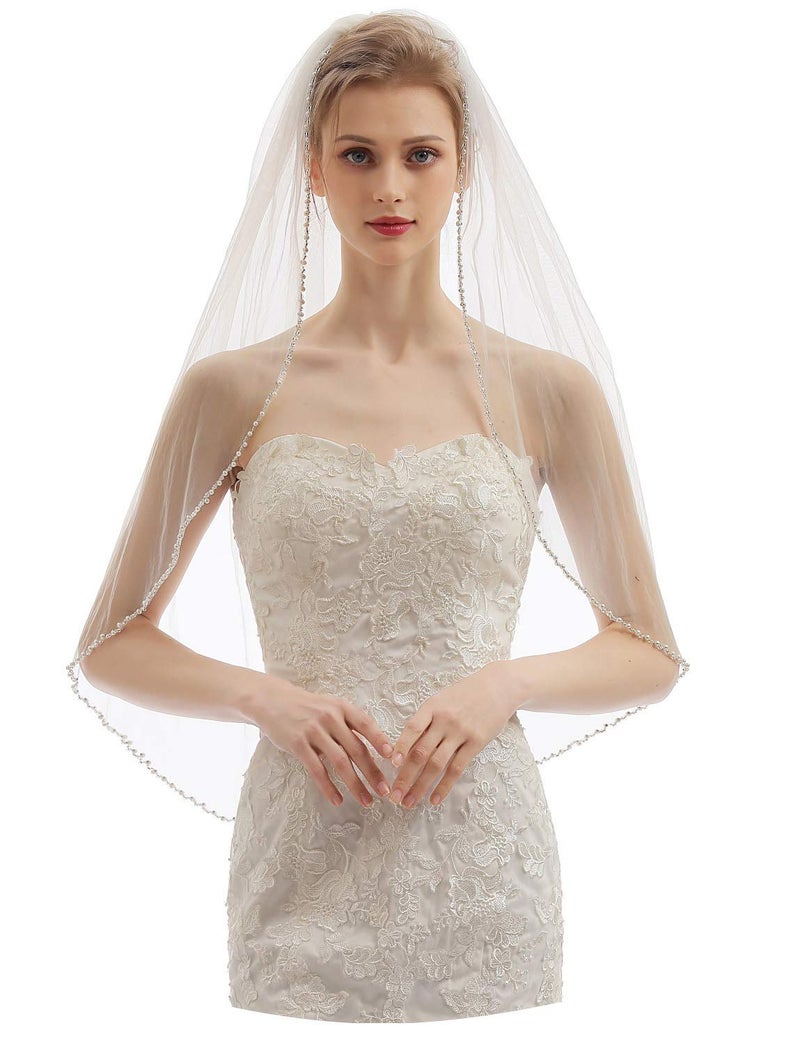 ELAWBTY Womens 1 Tier Fingertip Length Short Crystal Beaded Wedding Bridal Veil With Comb X09 Ivory - Image 1