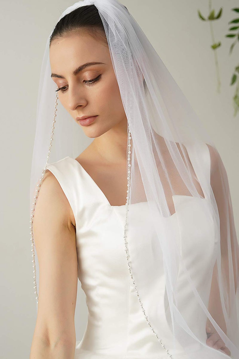 ELAWBTY Womens 1 Tier Fingertip Length Short Crystal Beaded Wedding Bridal Veil With Comb X09 Ivory - Image 3